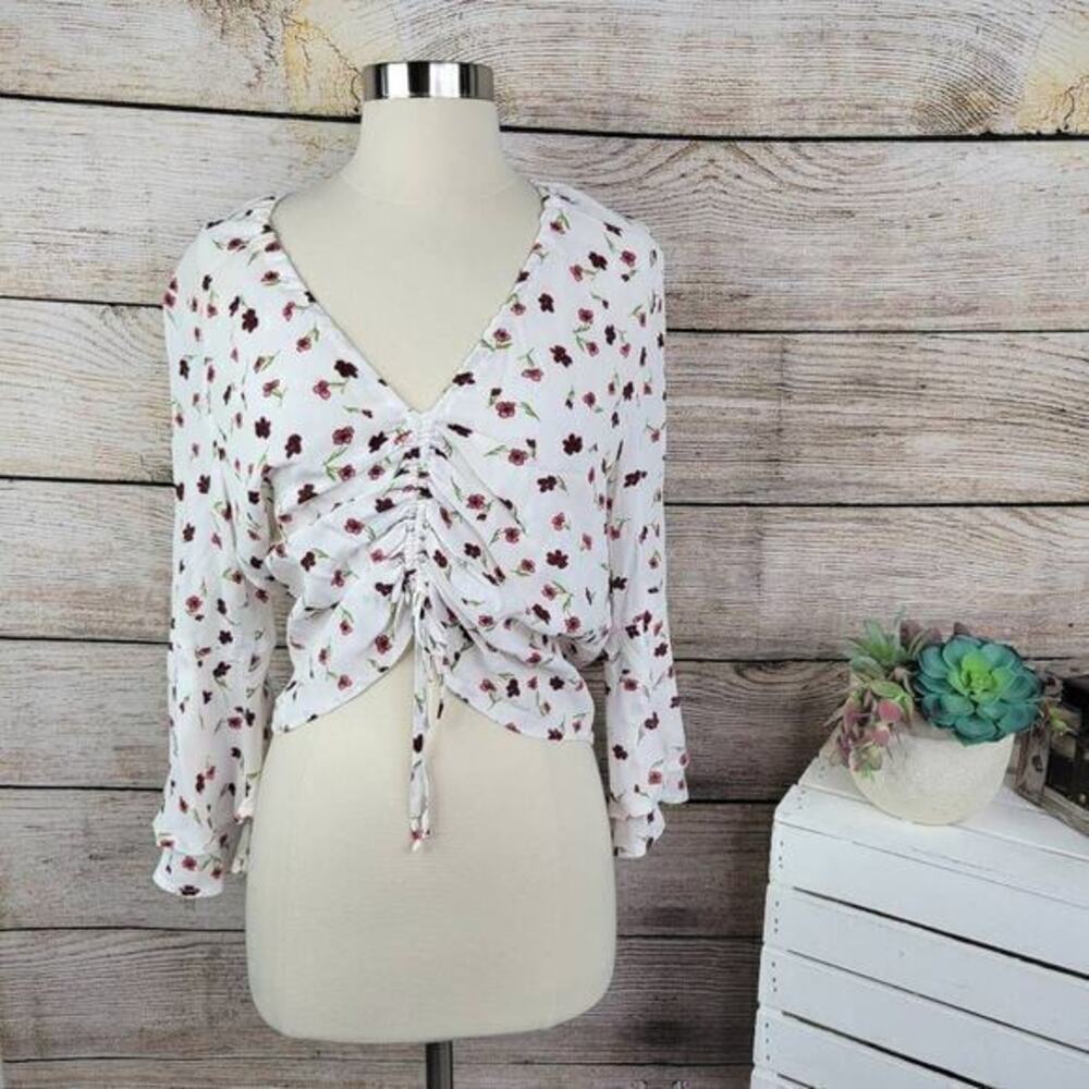 Flynn Skye Kirsty Women's Cream Floral Ruched Long Sleeves Crop Blouse Top XS